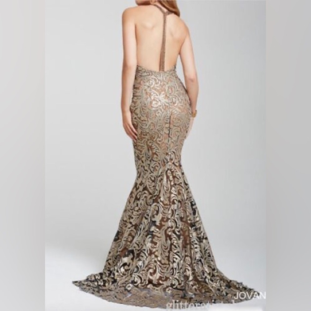 Jovani Project Runway Bronze Sequin Crystal Lace Formal Prom Gown - Picture 1 of 11